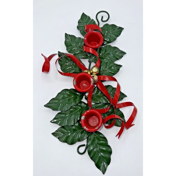Vintage Christmas Department 56 Metal Holly Ribbon Candle Holder 3 Candles 12” - Picture 6 of 13
